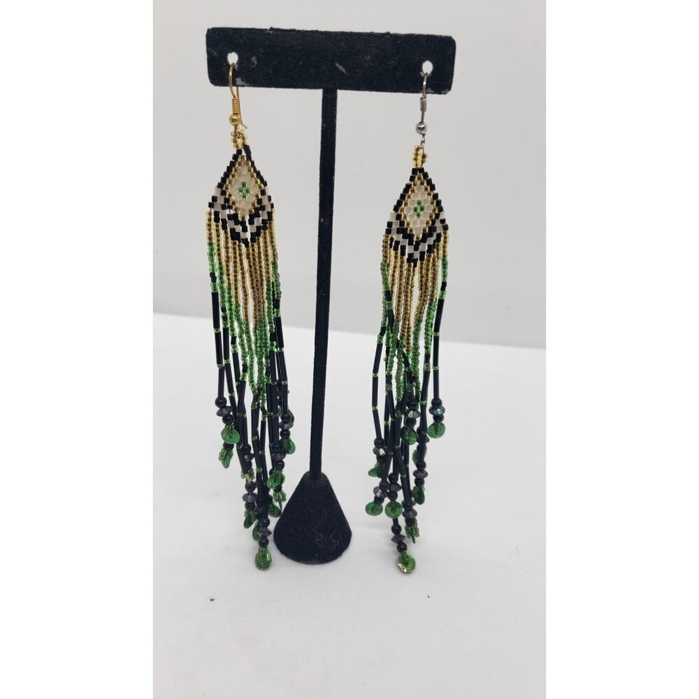 Vintage Earrings Super Long Hand Beaded Fringe Boho Ethnic